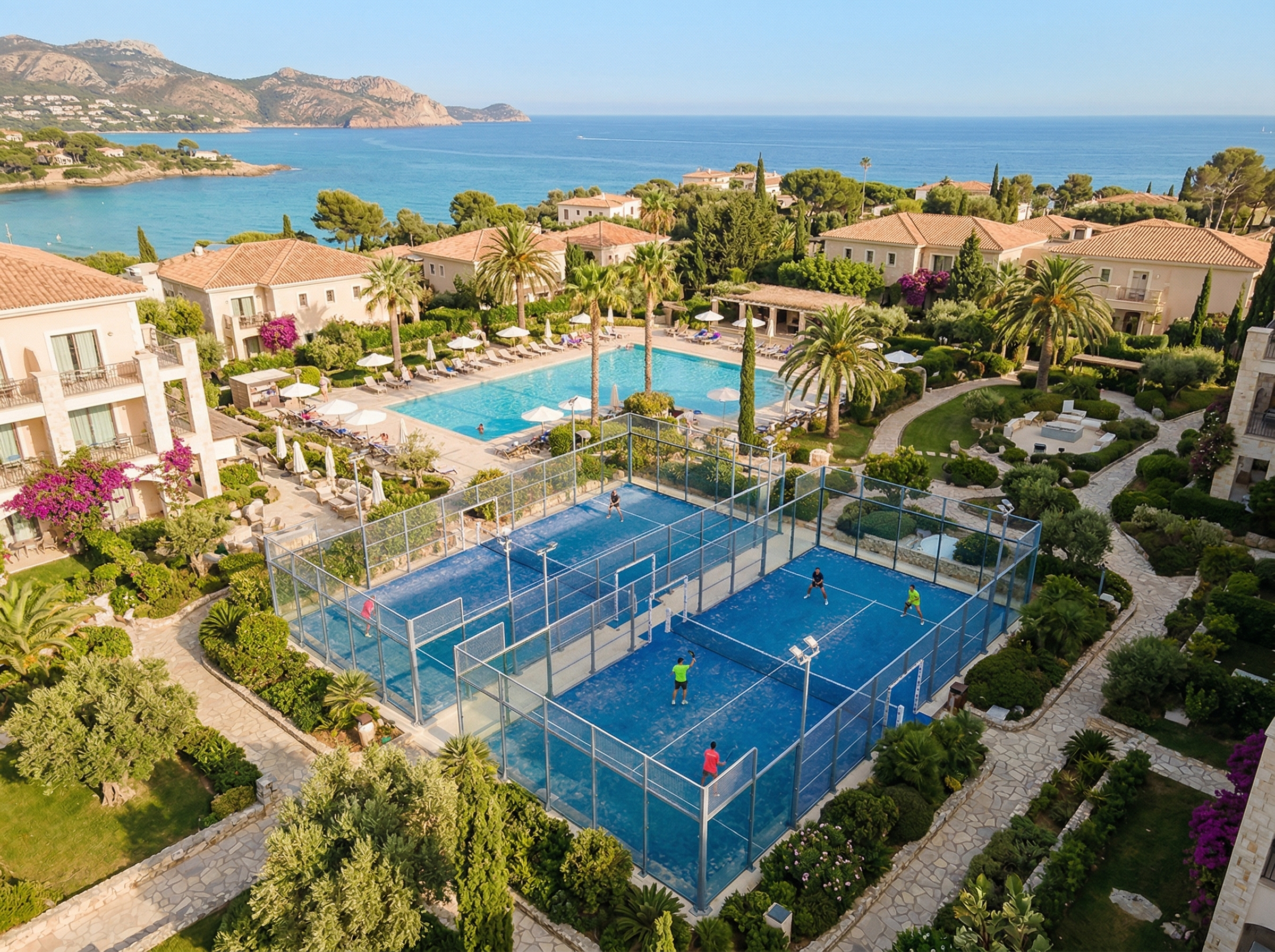 Aerial view of a coastal padel resort with pool